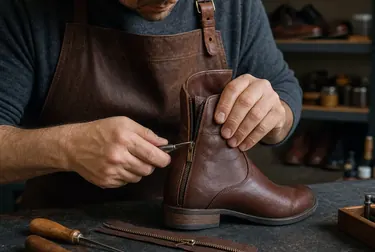 Profissional consertando o zíper de uma bota em São José dos Campos.