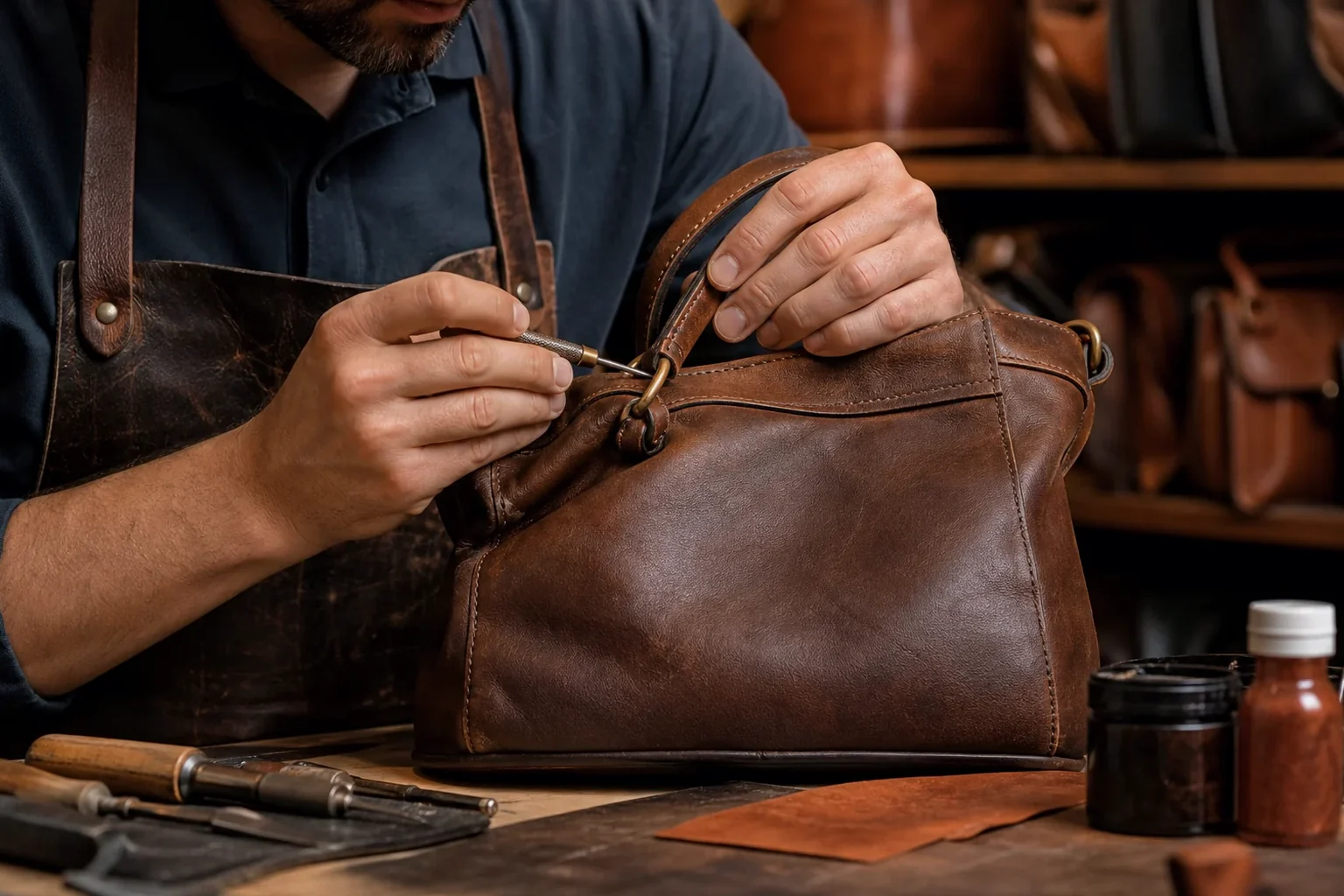Profissional reformando bolsas de couro em São José dos Campos.